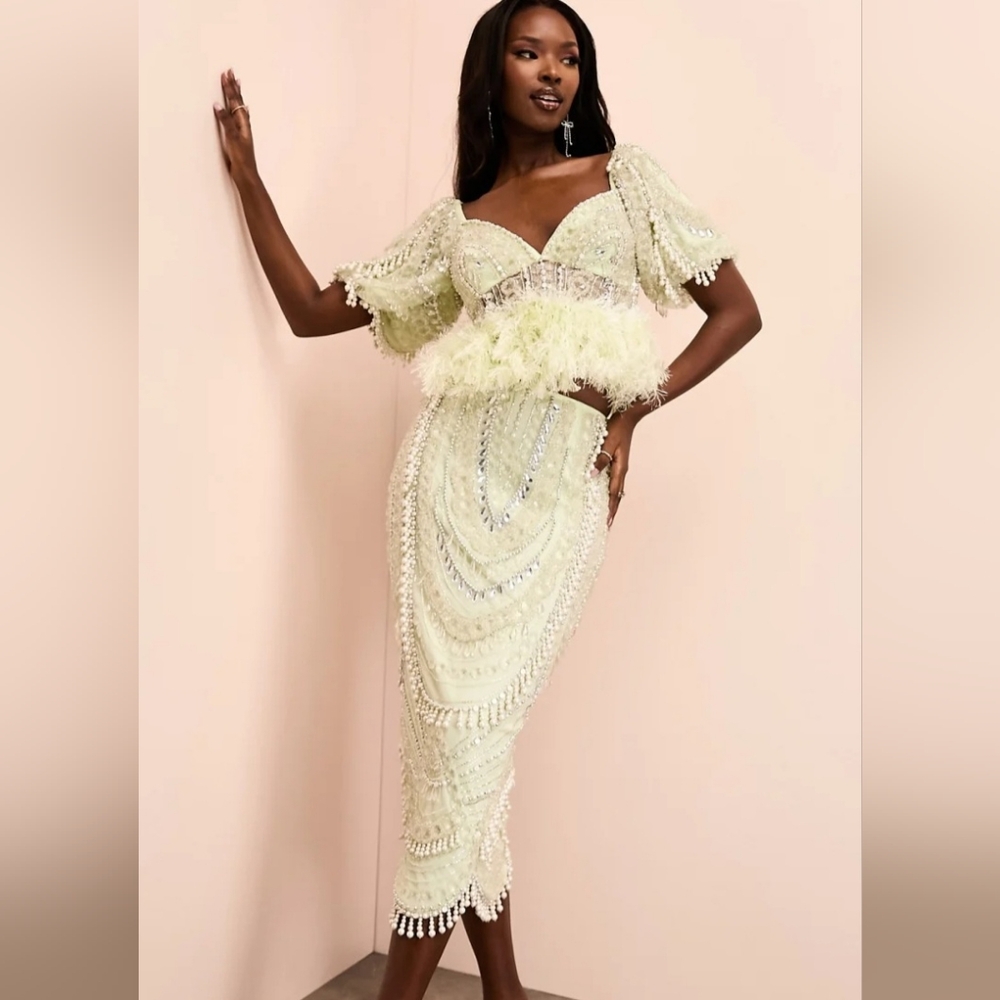ASOS Embellished Pearl Puff Sleeve Top And Midi Skirt
